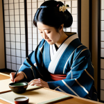 A Japanese Ukiyo-e artist, an adult female, in a modest traditional kimono, seated gracefully in a serene Edo period workshop. She is focused, holding a small brush, with finely detailed woodblocks and vibrant ink pots visible on a low table before her. The background features warm, natural light filtering through paper screens and subtle traditional Japanese decor. fully clothed, modest clothing, appropriate attire, professional dress, perfect anatomy, correct proportions, natural pose, well-formed hands, proper finger count, natural body proportions, traditional Japanese art style, high quality, professional photography, safe for work, appropriate content.