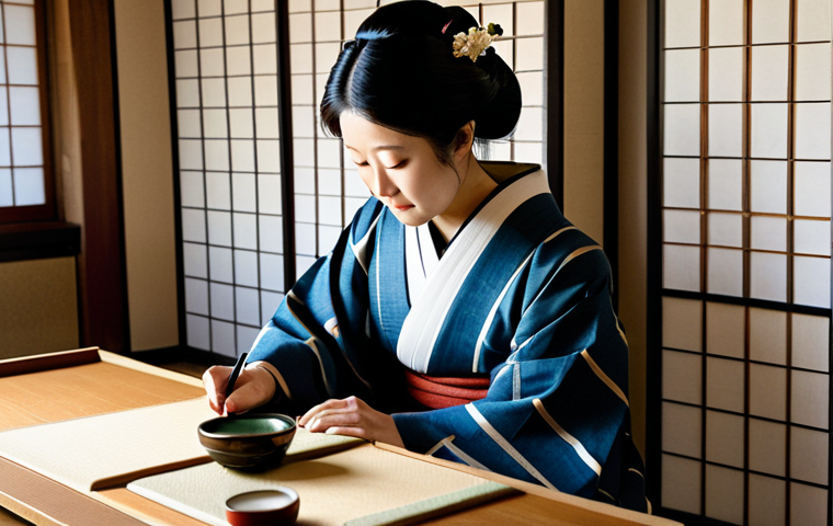 A Japanese Ukiyo-e artist, an adult female, in a modest traditional kimono, seated gracefully in a serene Edo period workshop. She is focused, holding a small brush, with finely detailed woodblocks and vibrant ink pots visible on a low table before her. The background features warm, natural light filtering through paper screens and subtle traditional Japanese decor. fully clothed, modest clothing, appropriate attire, professional dress, perfect anatomy, correct proportions, natural pose, well-formed hands, proper finger count, natural body proportions, traditional Japanese art style, high quality, professional photography, safe for work, appropriate content.