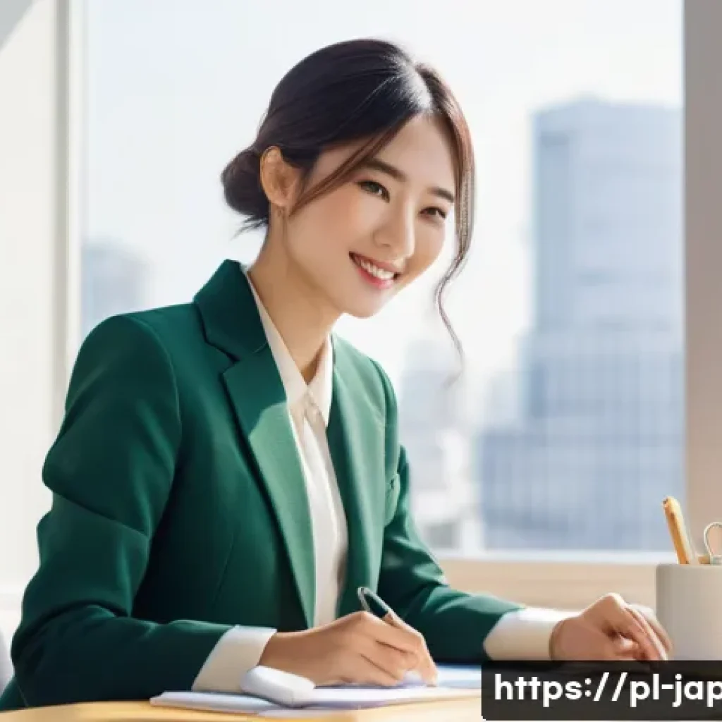 일본 내 직장 생활과 워라밸 - **Prompt:** A young Japanese professional woman, in her late 20s, with a gentle smile, works diligen...