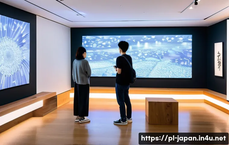 일본의 현대미술 갤러리 - A modern Tokyo art gallery interior blending traditional Japanese sumi-e and ukiyo-e motifs with fut...