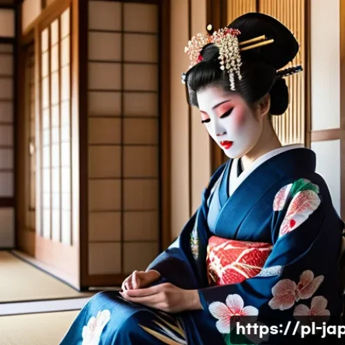 Home 33 일본 게이샤 문화 - A traditional Japanese geisha in full ceremonial attire preparing for a performance: she is seated g...