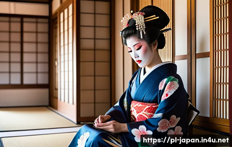 일본 게이샤 문화 - A traditional Japanese geisha in full ceremonial attire preparing for a performance: she is seated g...