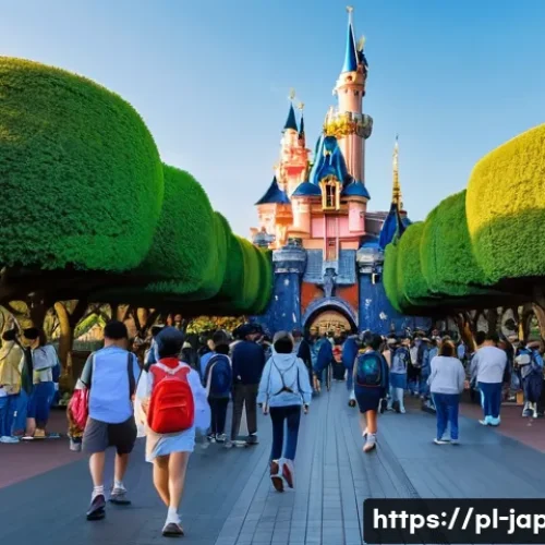 Home 32 일본 디즈니랜드 이용 꿀팁 - A vibrant early morning scene outside Tokyo Disneyland gates just before opening time, showing excit...