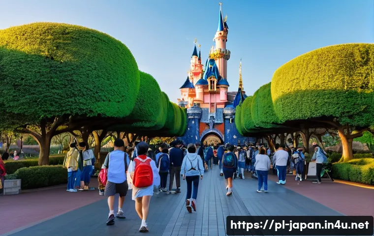 일본 디즈니랜드 이용 꿀팁 - A vibrant early morning scene outside Tokyo Disneyland gates just before opening time, showing excit...