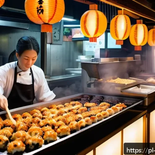 Home 31 일본 지역별 특산물 - A vibrant and detailed street food scene in Osaka, Japan, featuring a lively night market with chefs...