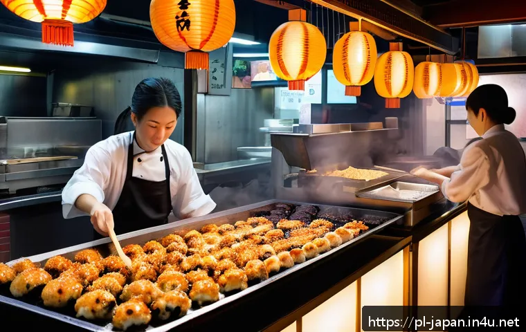 일본 지역별 특산물 - A vibrant and detailed street food scene in Osaka, Japan, featuring a lively night market with chefs...