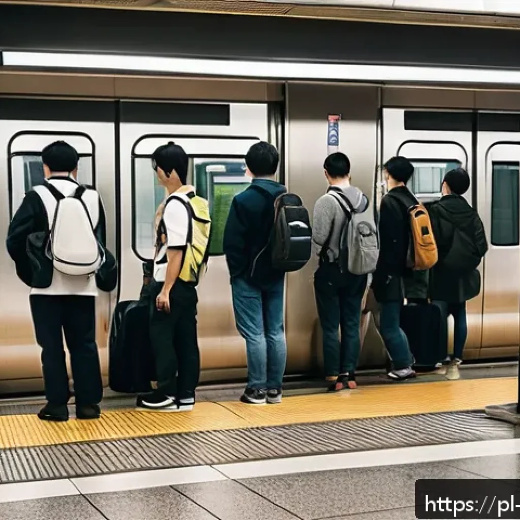 일본의 지하철 예절 - A quiet Tokyo metro platform scene during rush hour, featuring orderly passengers standing patiently...