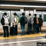 Home 18 일본의 지하철 예절 - A quiet Tokyo metro platform scene during rush hour, featuring orderly passengers standing patiently...