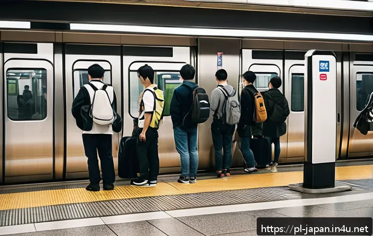 일본의 지하철 예절 - A quiet Tokyo metro platform scene during rush hour, featuring orderly passengers standing patiently...