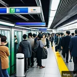 Home 23 일본 대중교통 패스 종류 - A bustling Japanese city subway station scene during rush hour, featuring diverse commuters using Su...