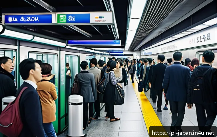 일본 대중교통 패스 종류 - A bustling Japanese city subway station scene during rush hour, featuring diverse commuters using Su...