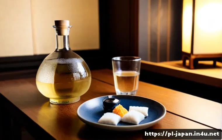 Home 17 일본 전통 주류 사케 - Photorealistic Japanese sake tasting scene for a Polish lifestyle blog, a clear glass carafe and two...