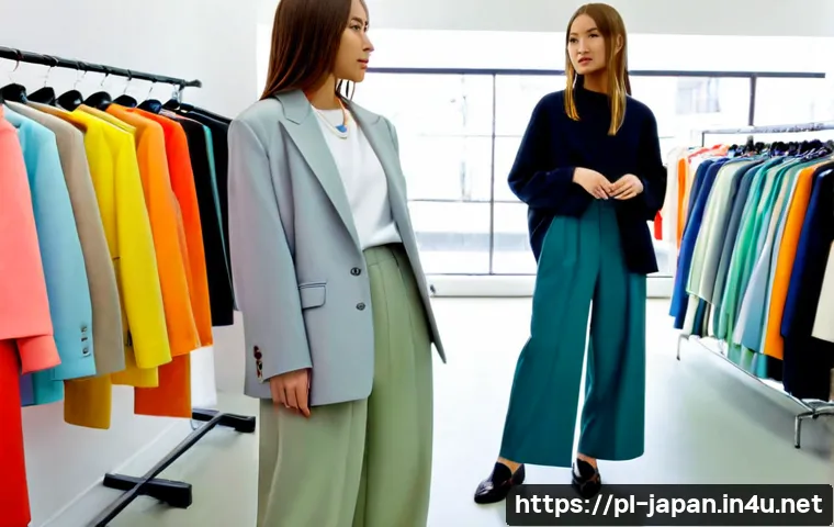 Home 17 일본의 패션 트렌드 분석 - Photorealistic fashion editorial scene in a bright minimalist Tokyo concept store, two adult women s...
